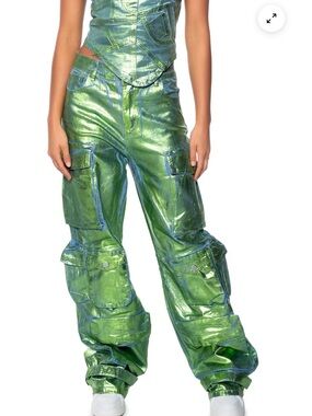 AKIRA Label La Isla Metallic Cargo Jeans Size 19 Green Metallic Denim High Waist
